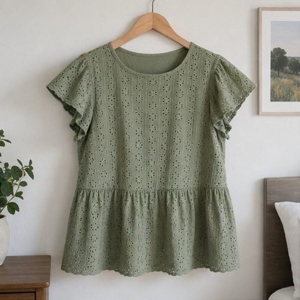 Sage Eyelet Peplum Blouse